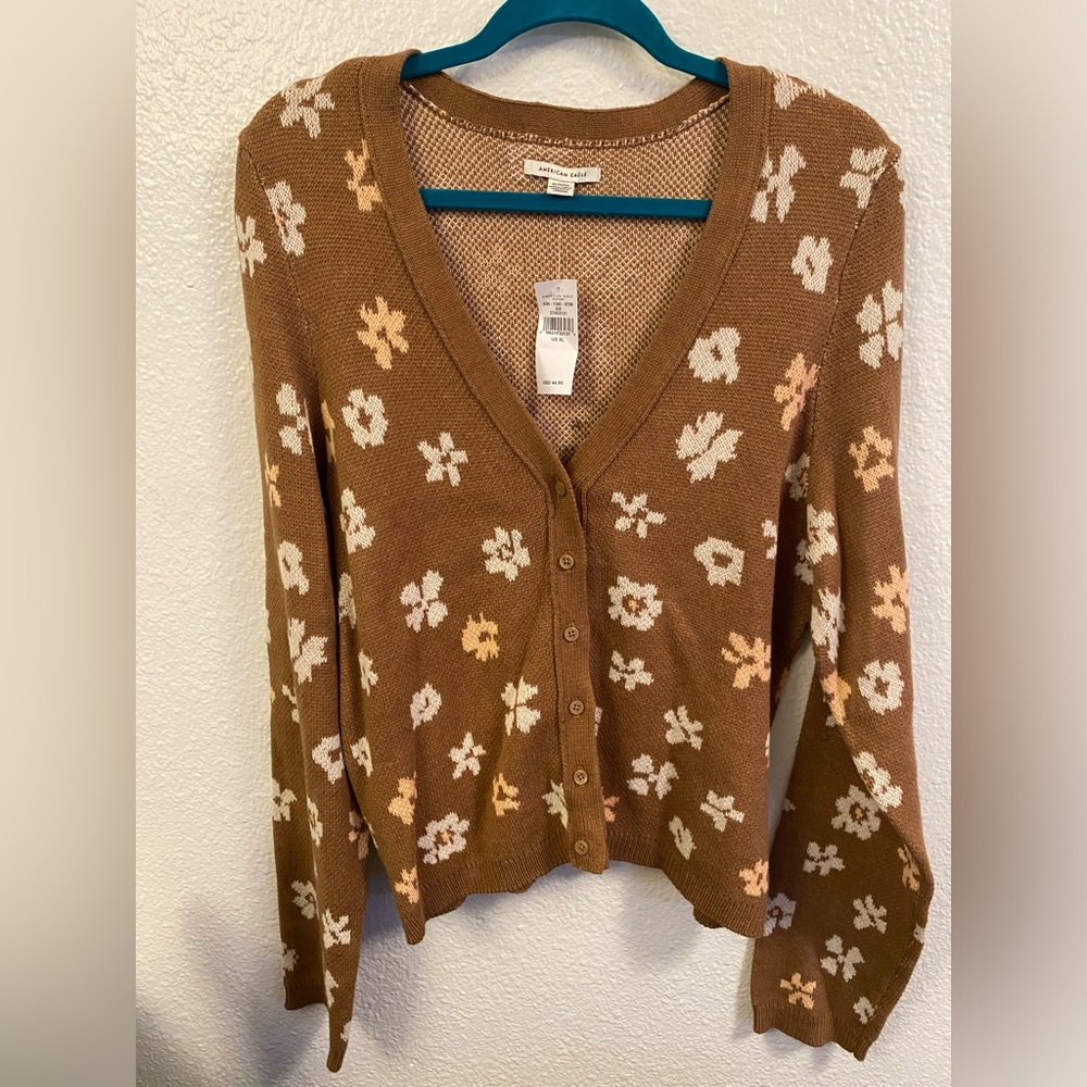 Burnt Orange Floral American Eagle Button Up Cardigan